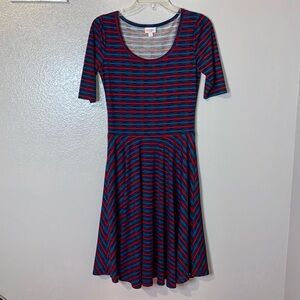Lularoe red & blue striped fit & flare casual midi dress